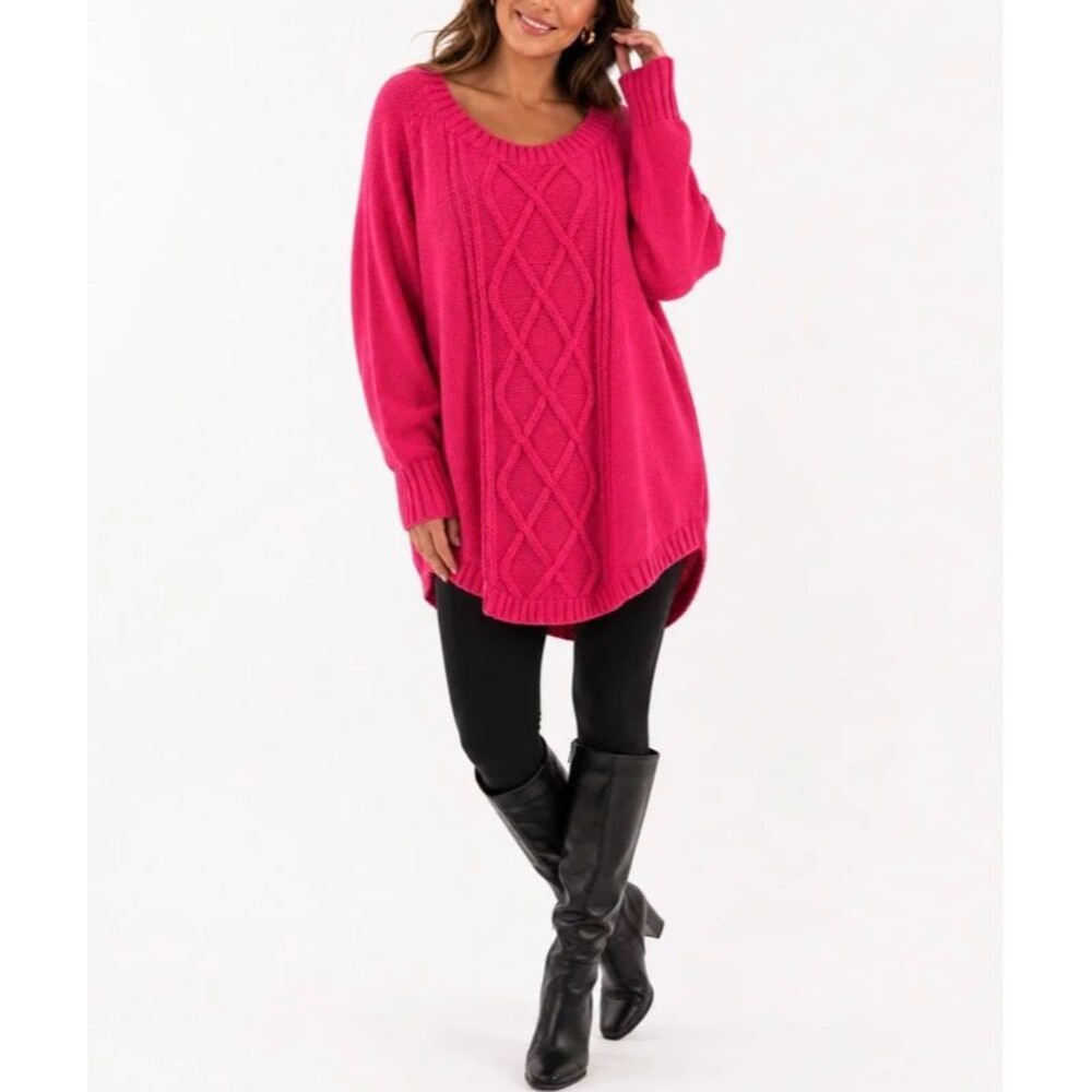 Davi & Dani Hot Pink Oversized Medium Cable Knit Sweater Tunic,